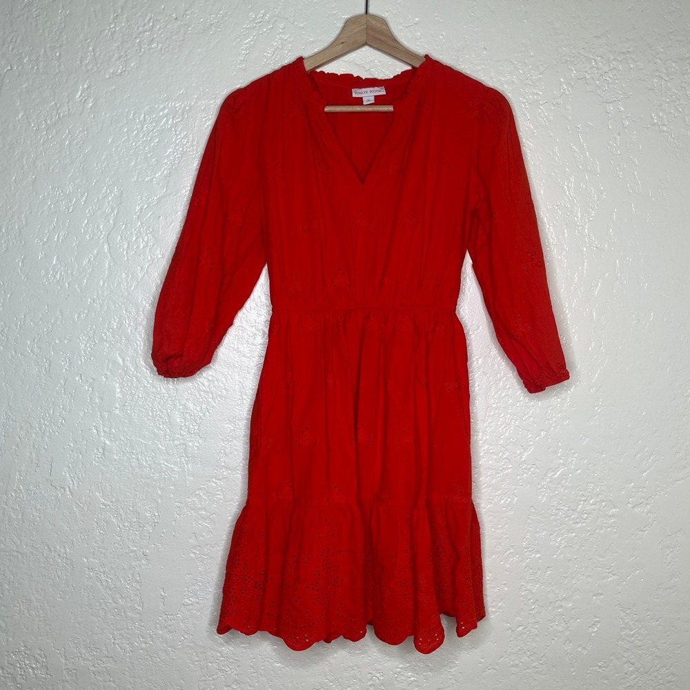 Knox Rose Women Red Eyelet 3/4 Sleeve Cotton Short Dress Pockets XS Boho V-Neck